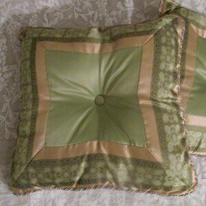 Croscill Set Of 2 Antique Gold & Green Button Center Throw Pillows 16" Square